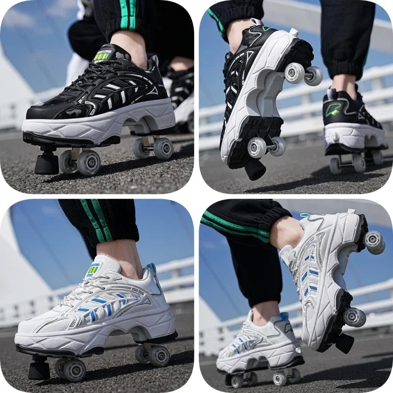 Roller Shoes Adult Unisex Retractable Four Wheels Walk Shoe Girls Boys Parkour Sneaker Stylish Skate 2 in 1 Removable Pulley