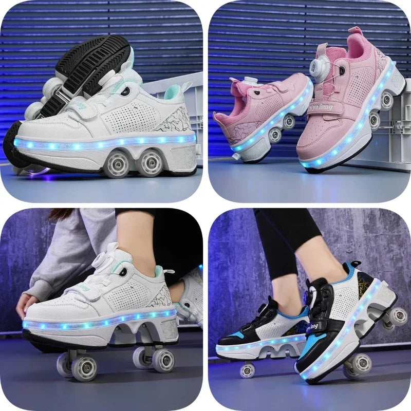 Roller Shoes Adult Unisex Retractable Four Wheels Walk Shoe Girls Boys Parkour Sneaker Stylish Skate 2 in 1 Removable Pulley