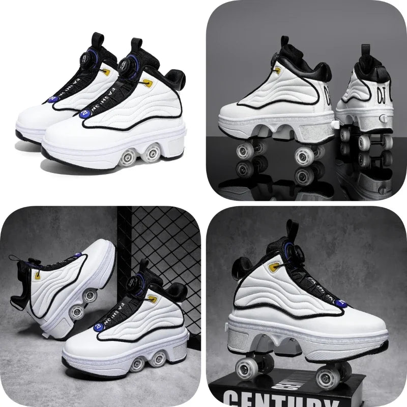 Roller Shoes Adult Unisex Retractable Four Wheels Walk Shoe Girls Boys Parkour Sneaker Stylish Skate 2 in 1 Removable Pulley