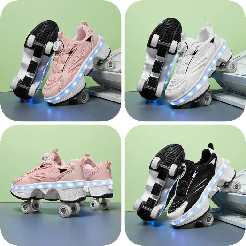 Roller Shoes Adult Unisex Retractable Four Wheels Walk Shoe Girls Boys Parkour Sneaker Stylish Skate 2 in 1 Removable Pulley