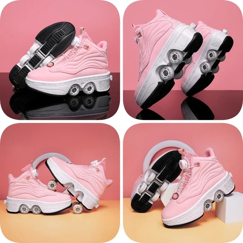 Roller Shoes Adult Unisex Retractable Four Wheels Walk Shoe Girls Boys Parkour Sneaker Stylish Skate 2 in 1 Removable Pulley