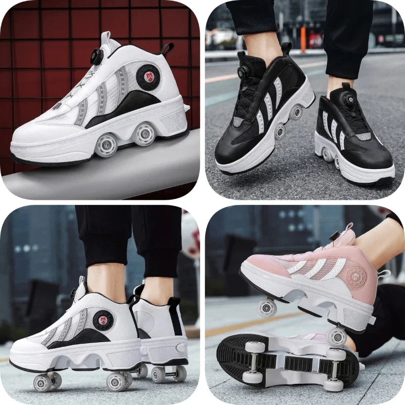 Roller Shoes Adult Unisex Retractable Four Wheels Walk Shoe Girls Boys Parkour Sneaker Stylish Skate 2 in 1 Removable Pulley