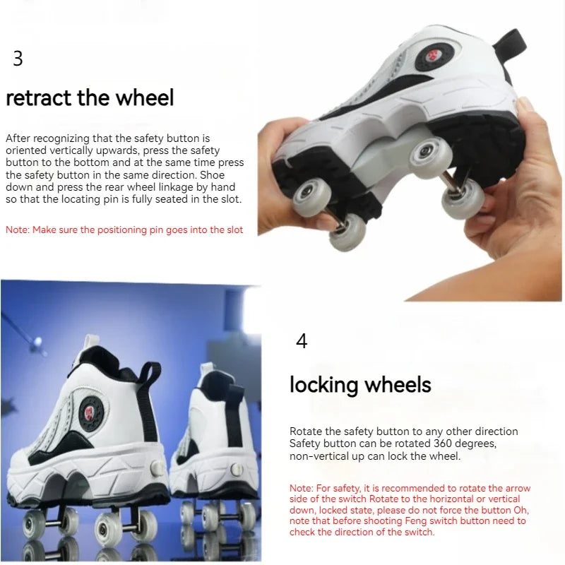 Roller Shoes Adult Unisex Retractable Four Wheels Walk Shoe Girls Boys Parkour Sneaker Stylish Skate 2 in 1 Removable Pulley