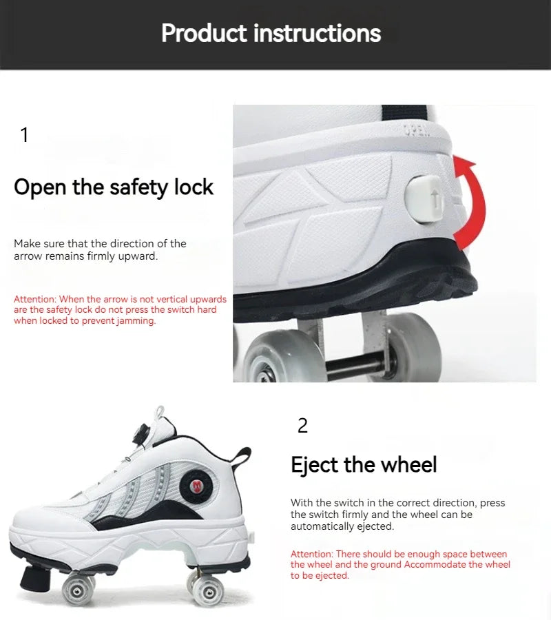 Roller Shoes Adult Unisex Retractable Four Wheels Walk Shoe Girls Boys Parkour Sneaker Stylish Skate 2 in 1 Removable Pulley
